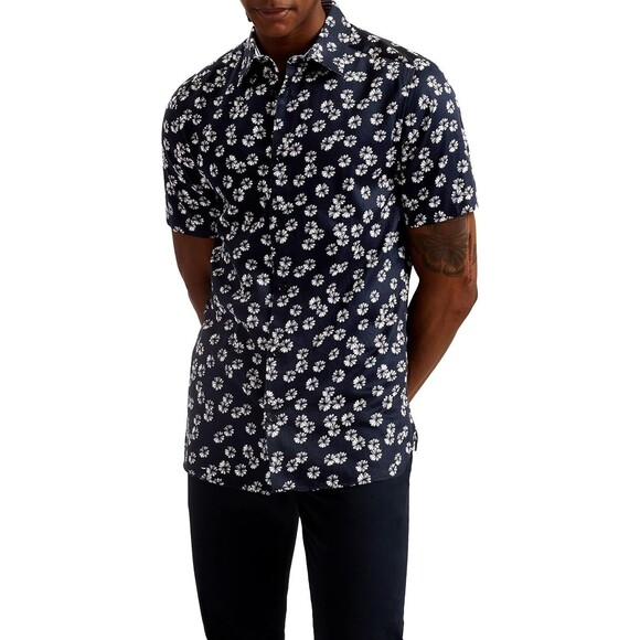 Ted Baker Slim Fit Printed Short Sleeve Button Front Shirt, Navy, L - Picture 1 of 2